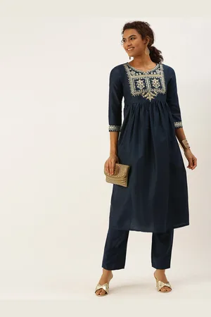 SWAGG INDIA Women Navy Blue Ethnic Motifs Embroidered Gotta Patti Kurta with Trousers