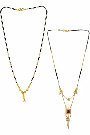 Brandsoon Set Of 2 Gold-Plated Black & Red Stone-Studded & Beaded Mangalsutra