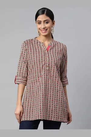 Jaipur Beige & Red Mandarin Collar Printed Tunic