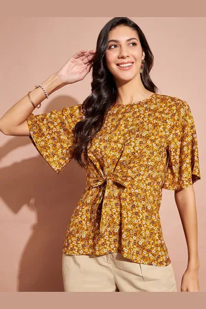 DressBerry Mustard Floral Printed Flared Sleeves Waist Tie-Ups Cinched Waist Top