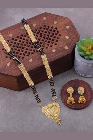 Brandsoon Gold-Plated Black Beaded Long Mangalsutra With Earrings