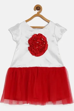 MANY FROCKS & Girls White And Red Embellished Drop-Waist Dress