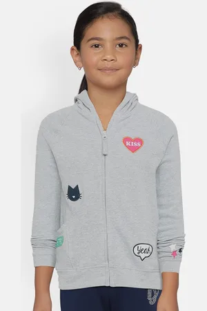 METRO KIDS COMPANY Girls Grey Solid Organic Cotton Hooded Sweatshirt