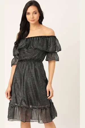 DODO & MOA Women Black & Silver Woven Design Off-Shoulder A-Line Dress With Shimmer Detail