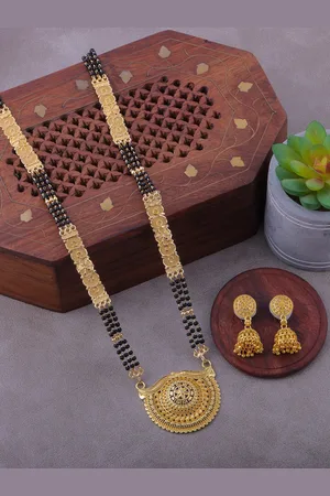 Brandsoon Gold-Plated & Black Beaded Mangalsutra With Earrings