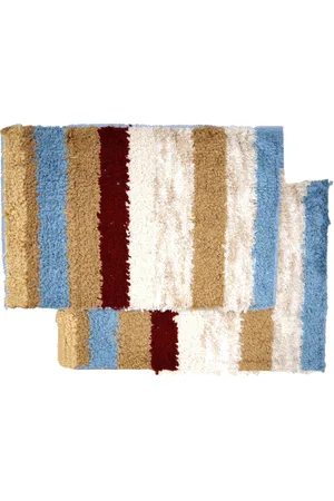 Ariana Set of 2 Beige & Blue Striped 1600 GSM Anti-Skid Microfibre Bath Mats