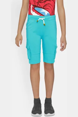 METRO KIDS COMPANY Boys Turquoise Blue Organic Cotton Solid Regular Fit Cargo Shorts
