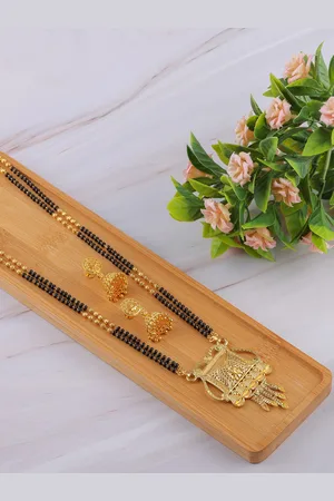 Brandsoon Gold-Plated Black Beaded Mangalsutra With Earrings