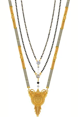 Brandsoon Set Of 3 Gold-Plated Black & White Stone-Studded & Beaded Mangalsutra