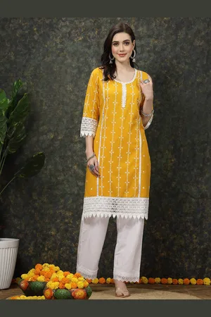 Pluss Mustard Yellow & White Ethnic Motifs Printed Pure Cotton A Line Kurta