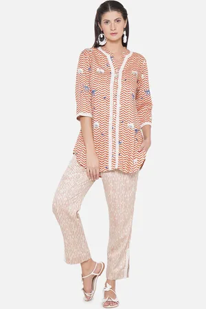 bellamia Chevron Printed Mandarin Collar Tunic With Trousers