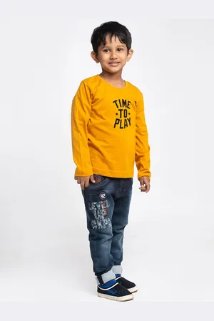Friskers Boys Mustard Yellow Typography Printed Pockets T-shirt
