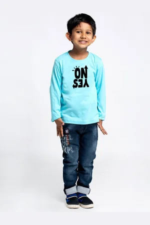 Friskers Boys Turquoise Blue Typography Printed Applique T-shirt