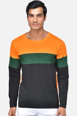 The Dry State Men Orange & Black Colourblocked Round Neck T-shirt