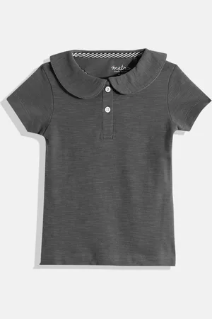 METRO KIDS COMPANY Girls Charcoal Peter Pan Collar Solid Cotton Polo Collar T-shirt