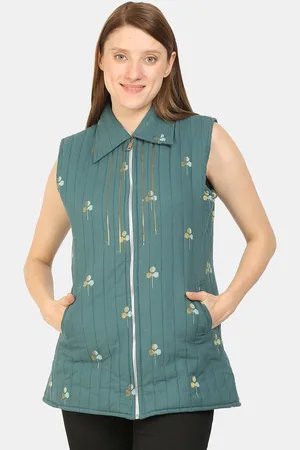 bellamia Women Teal Striped Longline Tailored Jacket