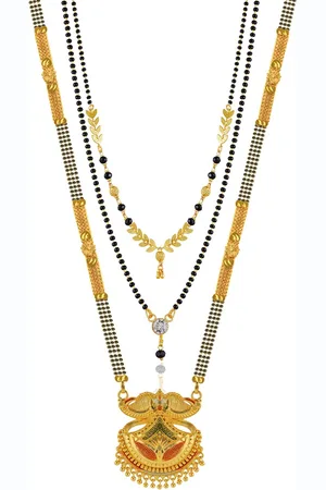 Brandsoon Set Of 3 Gold-Plated White Stone-Studded & Black Beaded Mangalsutra