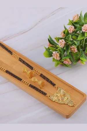 Brandsoon Gold-Plated Black Beaded Mangalsutra With Earrings