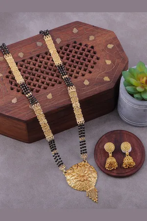 Brandsoon Gold-Plated Black Beaded Long Mangalsutra With Earrings