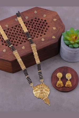 Brandsoon Gold-Plated & Black Beaded Mangalsutra With Earings