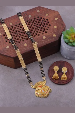 Brandsoon Gold-Plated & Black Beaded Mangalsutra With Earrings