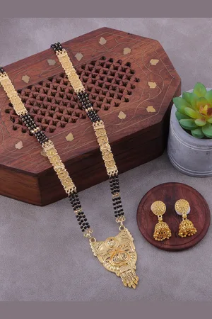 Brandsoon Gold-Plated & Black Beaded Mangalsutra With Earrings