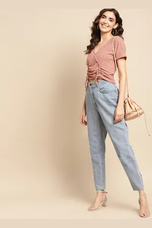Woowzerz Women Dusty Pink Ribbed Ruched Crop Top