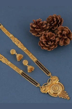 Brandsoon Gold-Plated Black Beaded Mangalsutra With Earrings