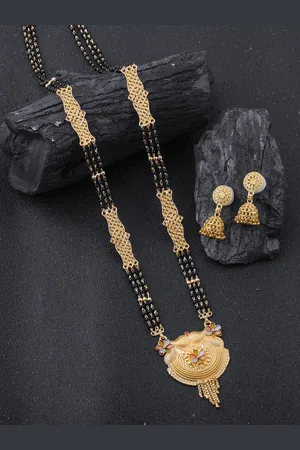 Brandsoon Gold-Plated Black Beaded Mangalsutra WIth Earrings