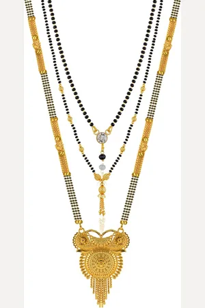 Brandsoon Set Of 3 Gold-Plated White Stone-Studded & Black Beaded Mangalsutra