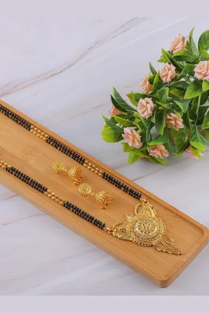 Brandsoon Gold-Plated Black Beaded Mangalsutra With Earrings