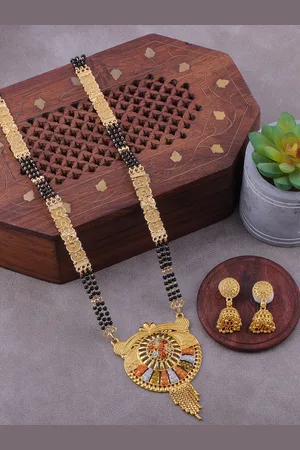 Brandsoon Gold-Plated Black Beaded Mangalsutra WIth Earrings