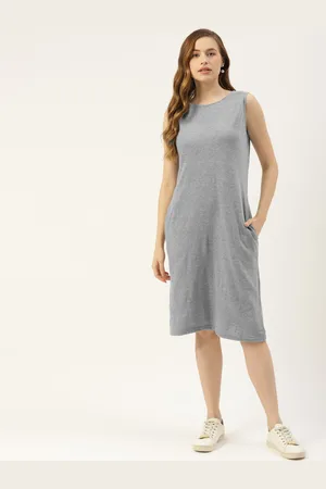 BRINN Grey Pure Cotton Solid A-Line Dress