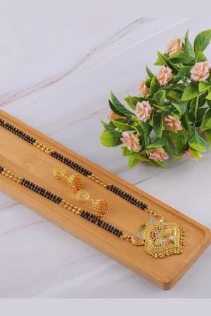 Brandsoon Gold-Plated & Black Beaded Traditional Mangalsutra With Earrings