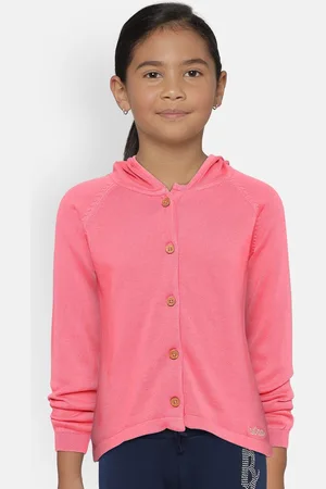 METRO KIDS COMPANY Girls Pink Solid Hooded Cardigan Sweater