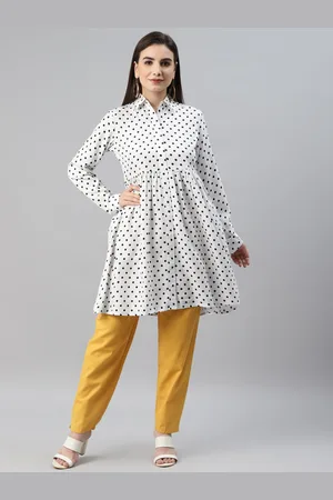 MBE Women White & Black Shirt Collar Polka Dots Printed Tunic