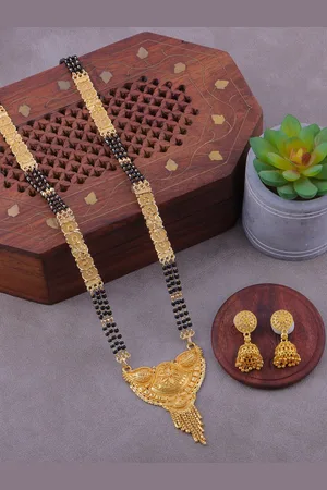 Brandsoon Gold-Plated Black Beaded Mangalsutra WIth Earrings