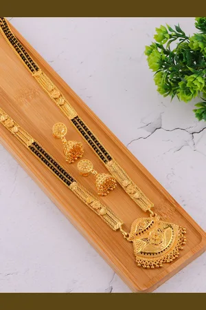 Brandsoon Gold-Plated & Black Beaded Mangalsutra With Earrings