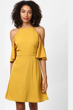 Harpa Women Mustard Solid Fit and Flare Dress