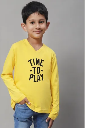 Friskers Boys Yellow Typography Printed V-Neck Applique T-shirt