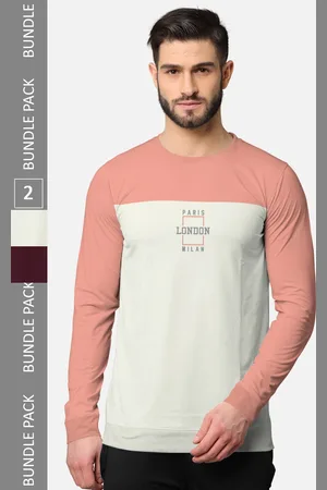bullmer Men Pack Of 2 Burgundy & Pink Typography Printed Cotton T-shirt