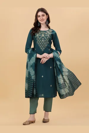 Berrylicious Women Floral Embroidered Chanderi Cotton Kurta with Trousers & With Dupatta