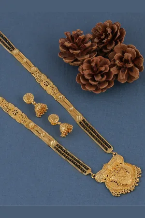 Brandsoon Gold-Plated & Black Beaded Mangalsutra With Earrings