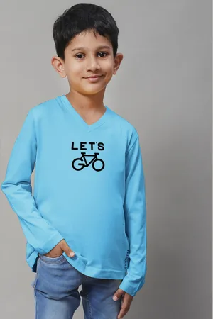 Friskers Boys Turquoise Blue Typography Printed V-Neck Applique T-shirt