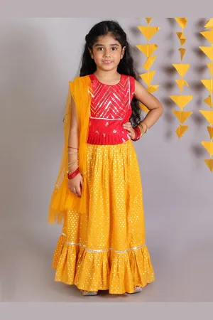 LIL DRAMA Girls Red & Pink Embellished Ready to Wear Lehenga & Choli With Dupatta