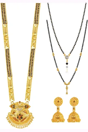 Brandsoon Gold-Toned & Black Set Of 3 Beaded Mangalsutra & Earrings Set