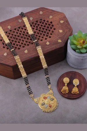 Brandsoon Gold-Plated & Black Beaded Mangalsutra With Earrings