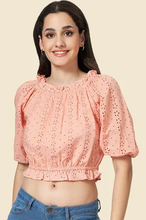 Pantaloons Round Neck Puff Sleeve Schiffli Cotton Crop Top