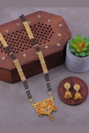 Brandsoon Gold-Plated Black Beaded Mangalsutra With Earrings