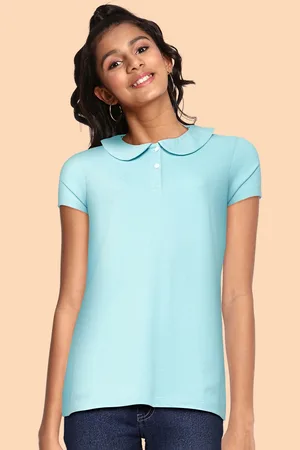 METRO KIDS COMPANY Girls Blue Solid Peter Pan Collar T-shirt